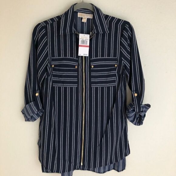 NWT Michael Kors Full Zip Utility Blouse Top Navy - Picture 2 of 8